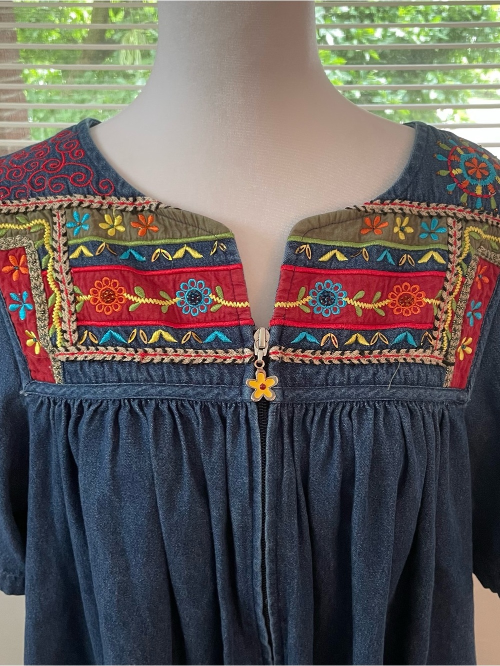 Boho Embroidered Navy Midi Dress with Colorful Floral Yoke Zipper Pockets